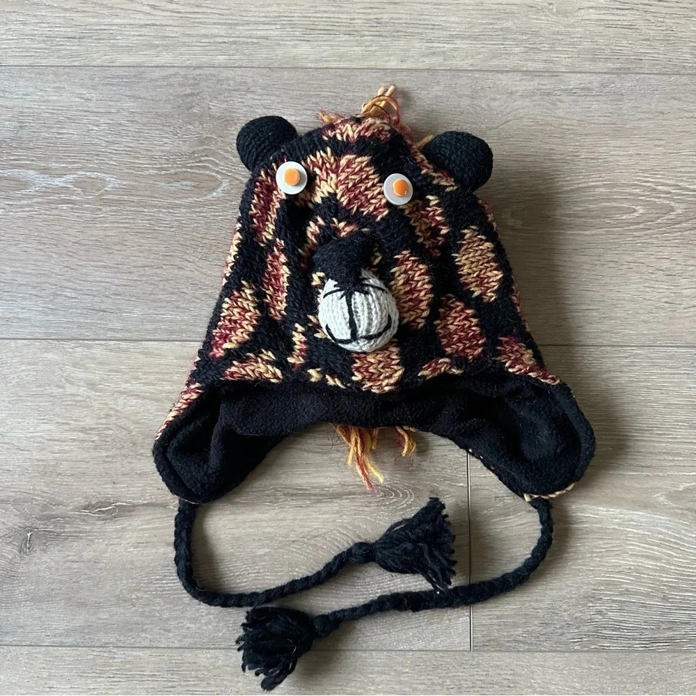 Hand Knit 100% Wool Kids Hat Made In Nepal Animal Leopard Lion